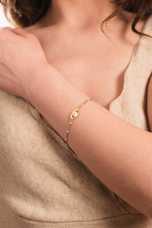 Berta Gold Color Tarnish Resistant Steel Evil Eye Bead Bracelet